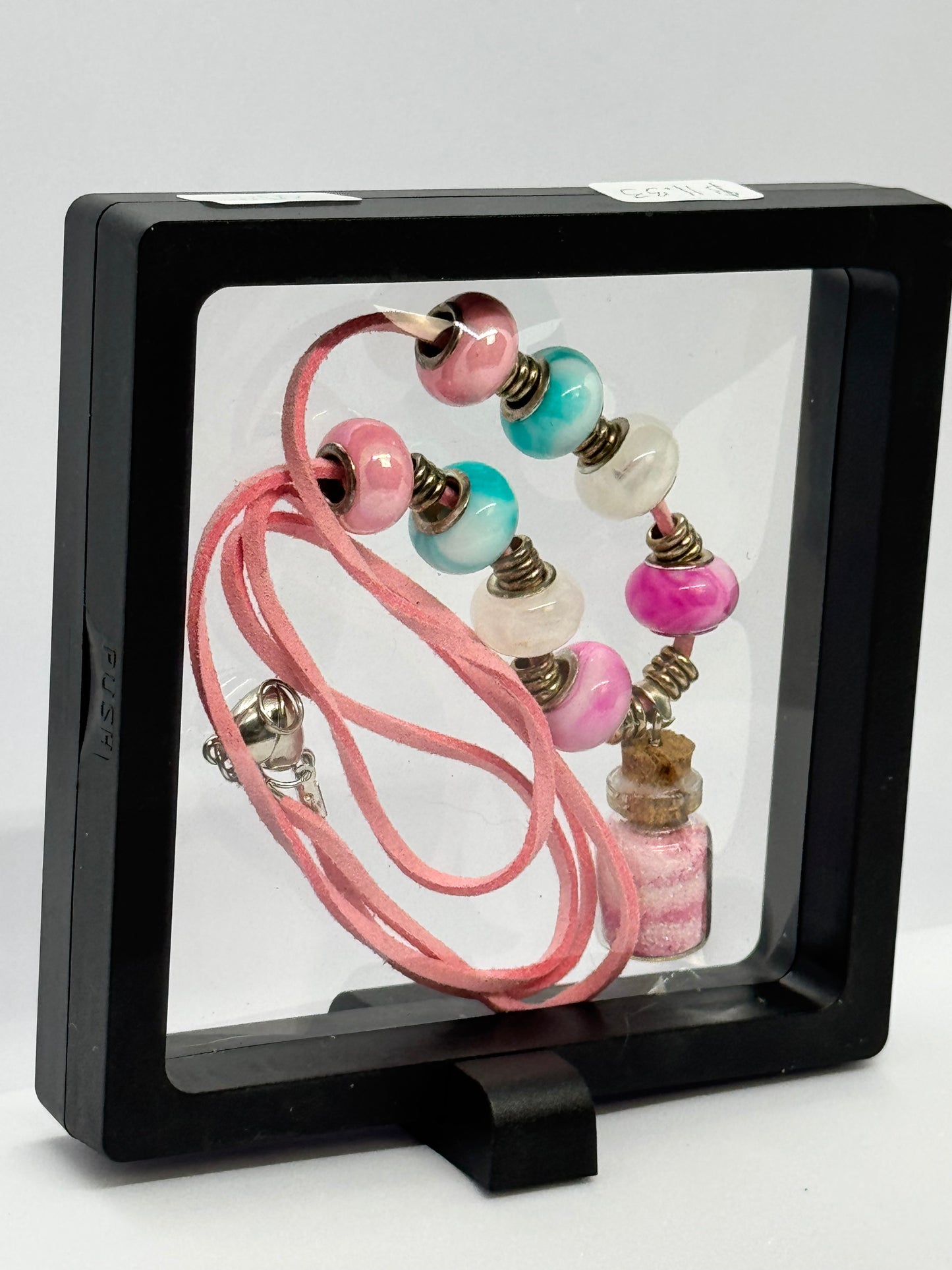Sweet Chaos Bottle Necklace | Pink Leather Cord | Beaded Charm Necklace | Heart Clasp Magic