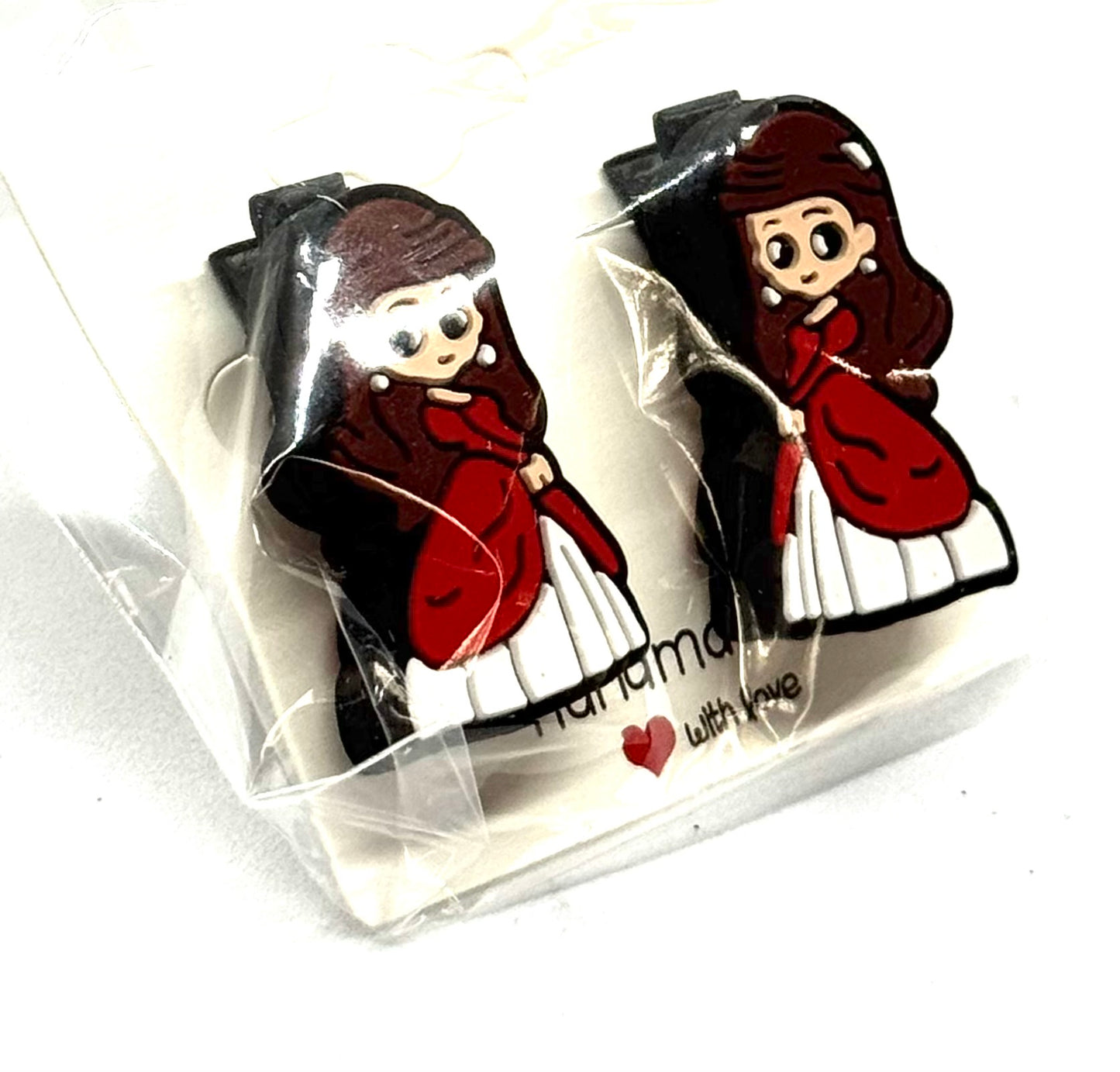 #3 Soft Drama Barrettes – Dark Hair Red Outfit Character Clips (2pc Set)