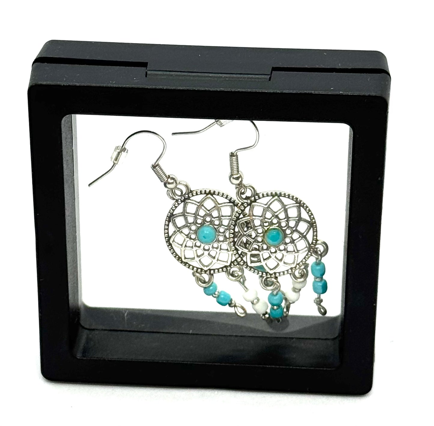 #51 Dream Catcher of Bad Decisions – Turquoise Beaded Silver Dreamcatcher Earrings