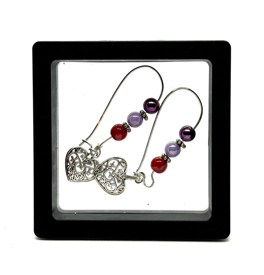#24 Romantically Unhinged Filigree Heart Earrings – Red, Purple & Lavender Beaded Heart Dangle Earrings