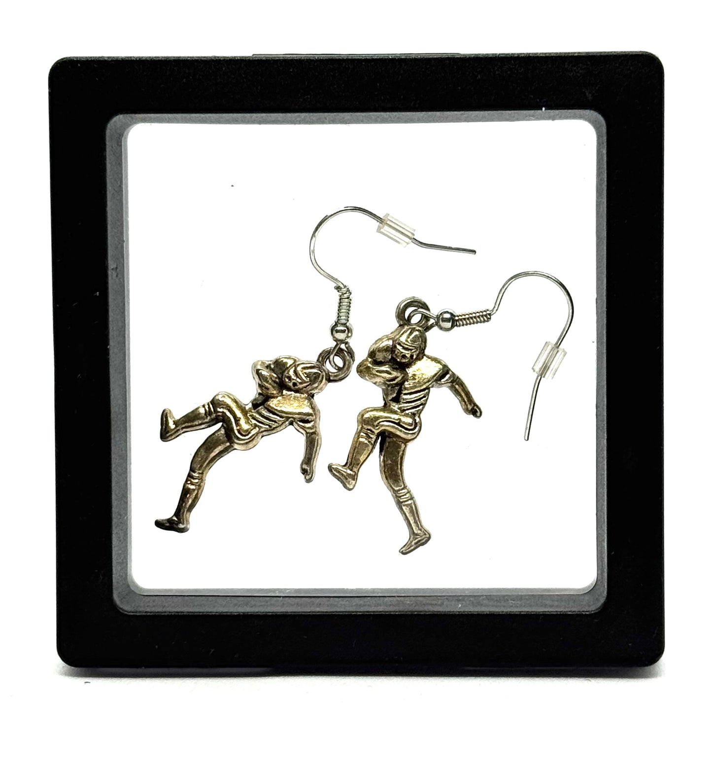 #42 Fourth & Dysfunctional Earrings – Silver Football Player Dangle Earrings