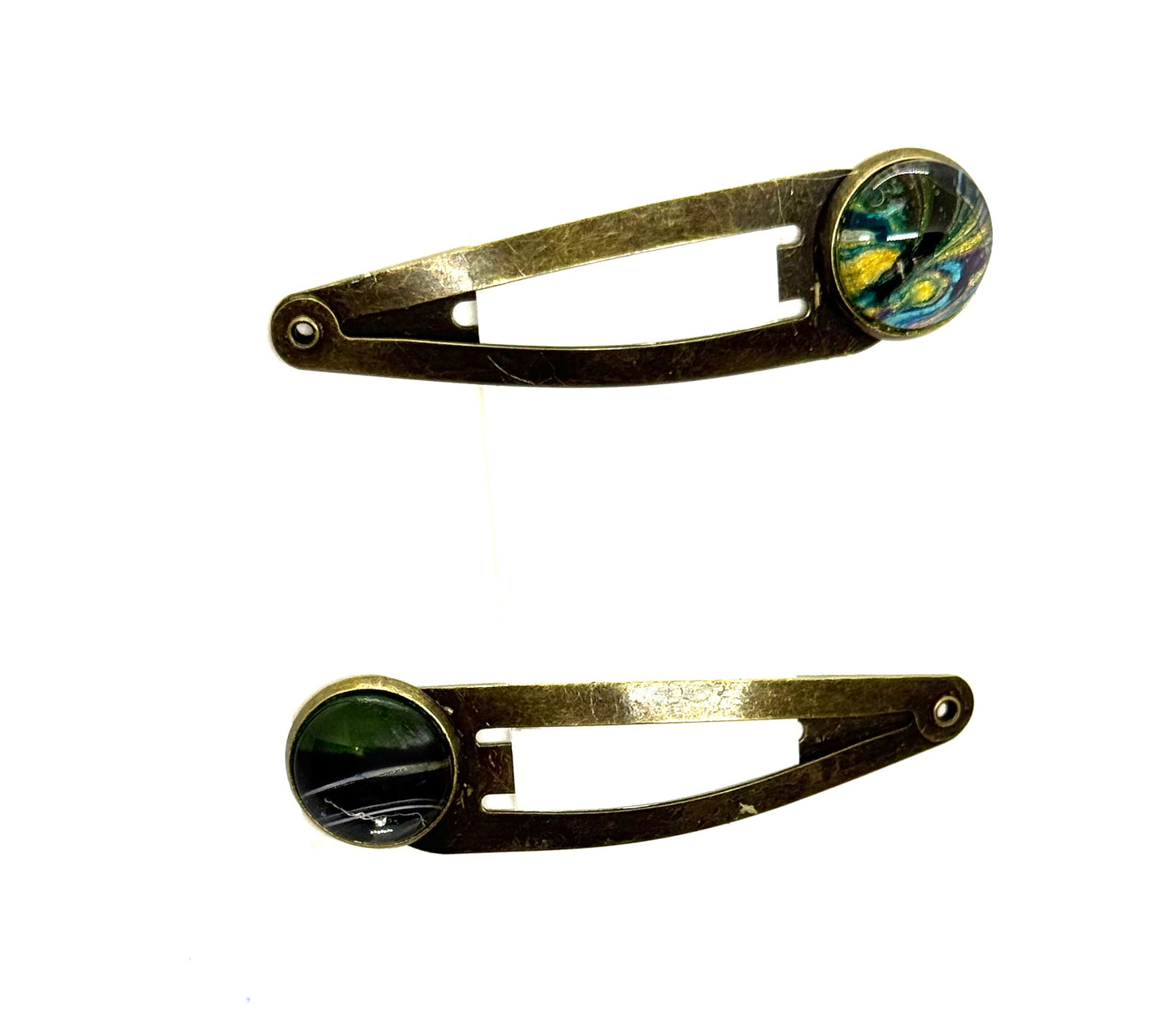 #2 Ocean Spiral Snap Clips – Silver Tone Blue Green Resin Hair Clips (2pc Set)