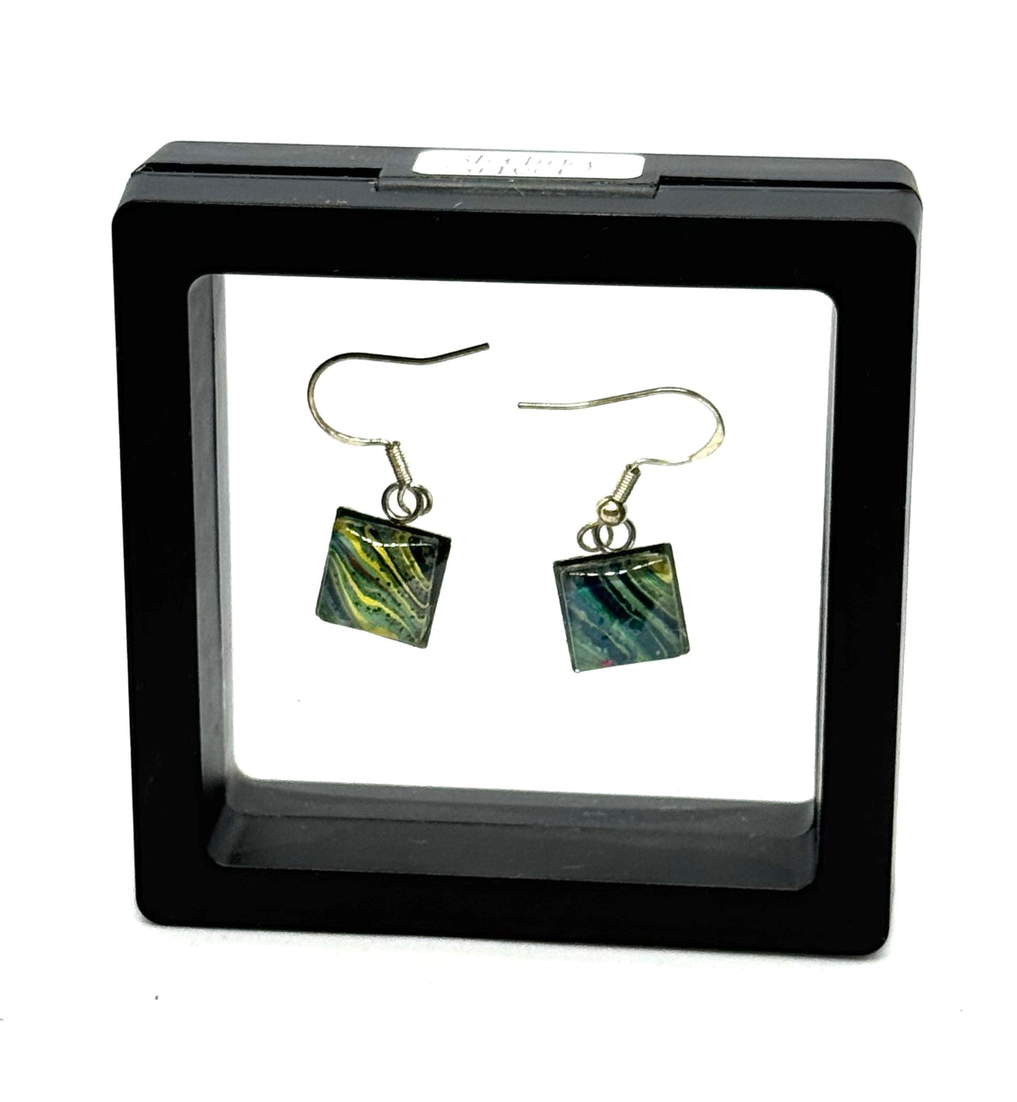 #2S Emerald Chaos Square Glass Dome Earrings – Sterling Silver Hooks