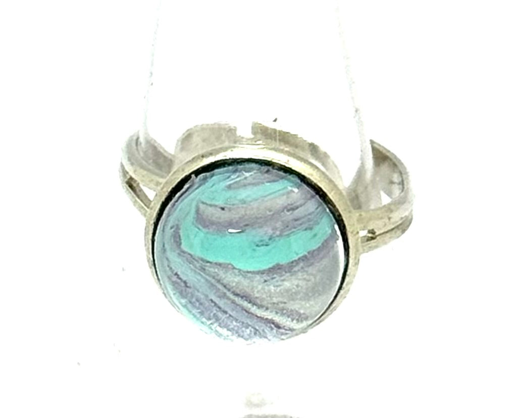 #7 Sea Glass Mirage Glass Dome Ring – Aqua & Silver Swirl Statement Ring