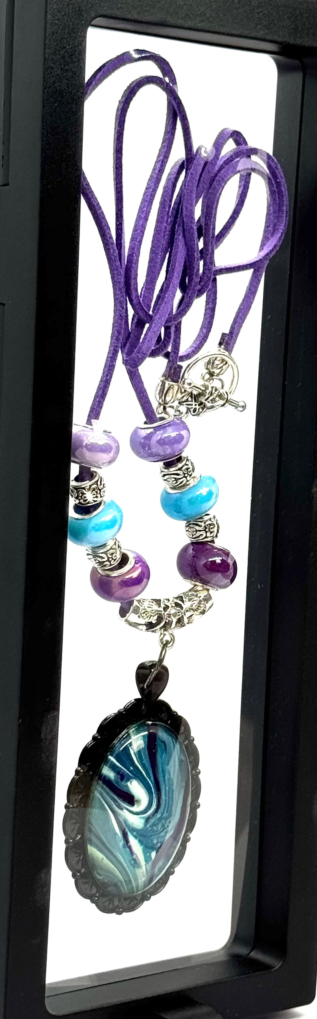 Cosmic Chaos Pendant Necklace | Teal & Purple Swirl | 38” Cord | Statement Piece