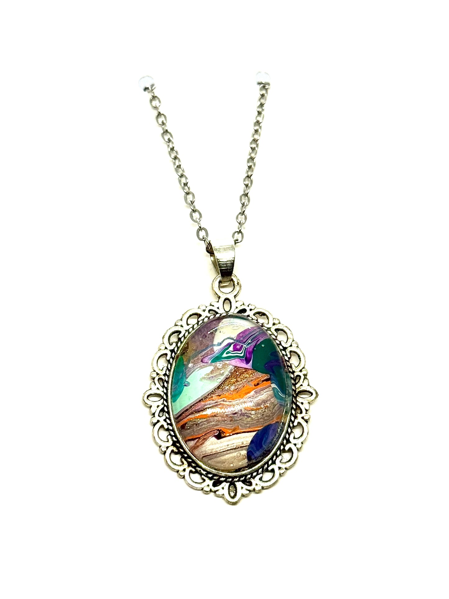 #27 Tectonic Mood Swing – Abstract Paint Pour Oval Pendant Necklace | One-of-a-Kind Chaos Jewelry