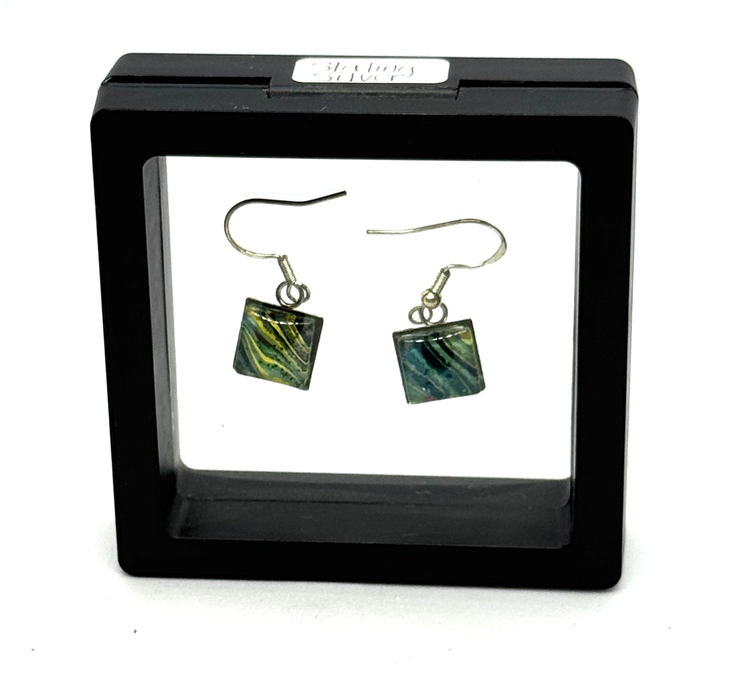 #2S Emerald Chaos Square Glass Dome Earrings – Sterling Silver Hooks