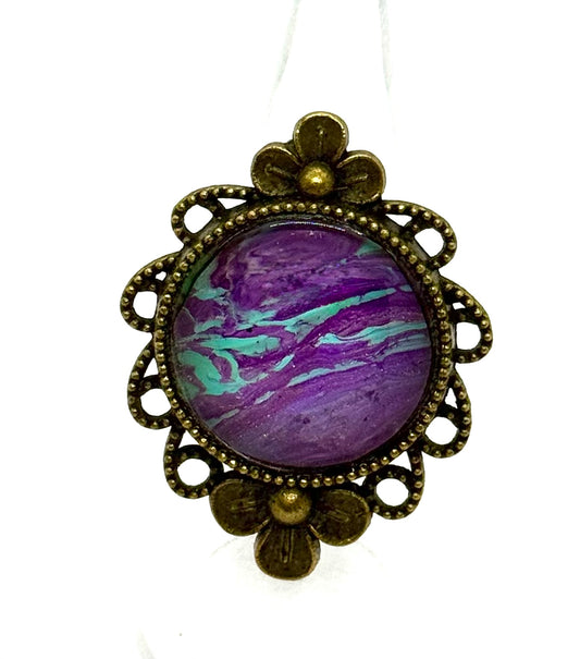 #14 Galactic Chaos Glass Dome Statement Ring – Purple Teal Swirl Vintage Ornate Adjustable Ring