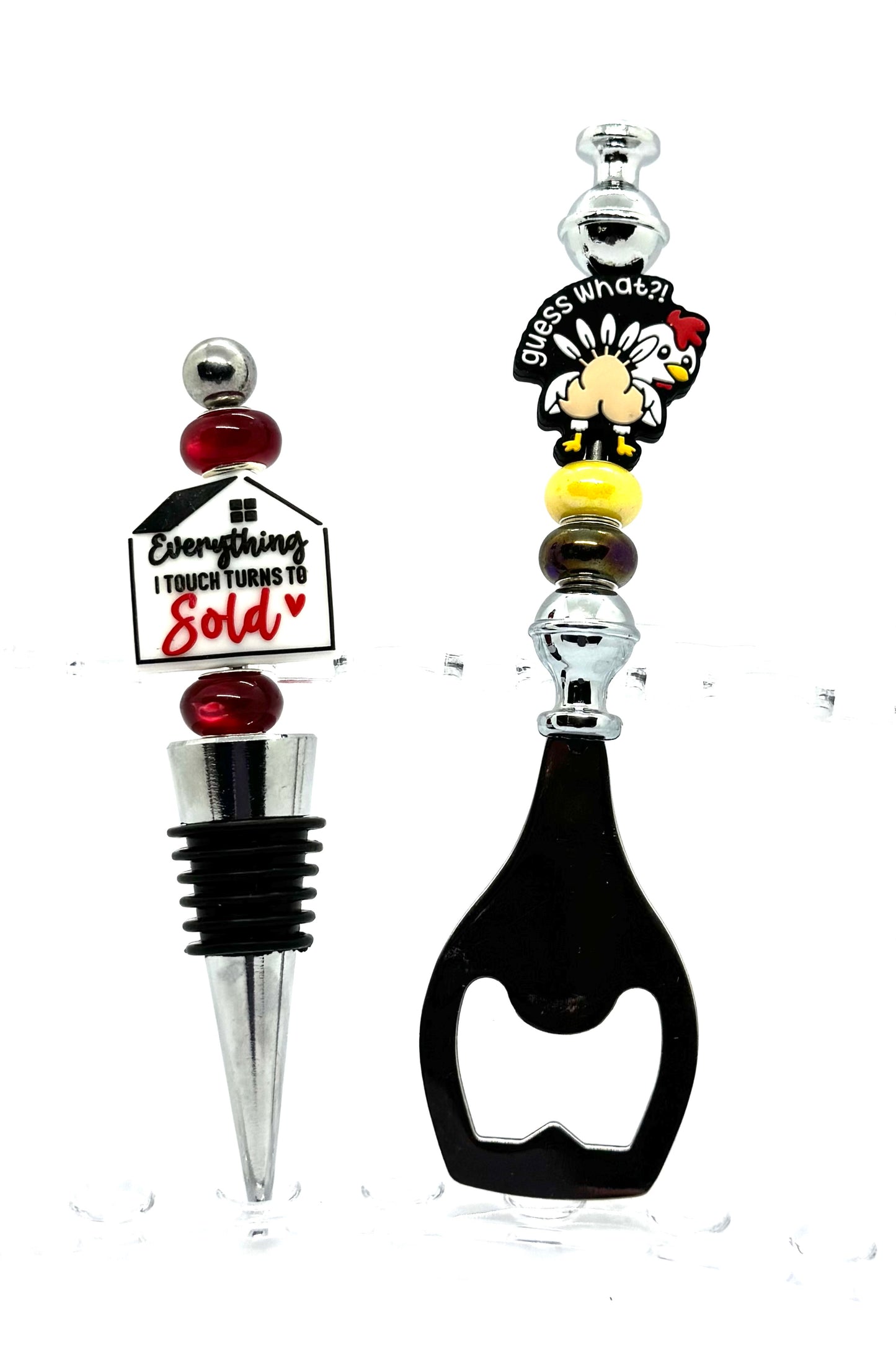 “Everything I Touch Turns to Sold” Realtor Wine Stopper & “Guess What?!” Chicken Bottle Opener Gift Set – Handmade FDSS Bar Accessory Duo