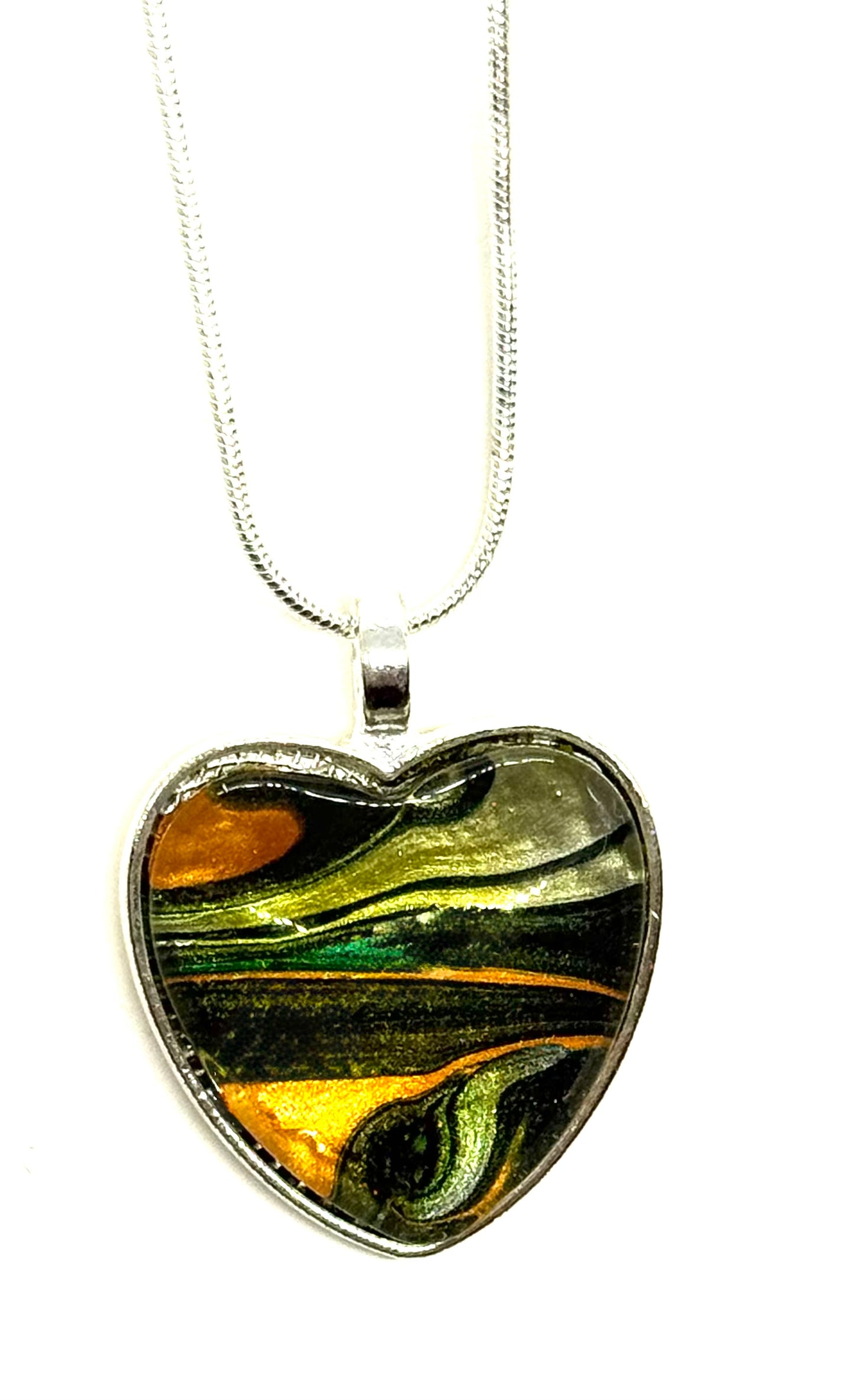 #22 Heartbreak in Technicolor – Black, White, Orange & Rose Gold Paint Pour Heart Pendant Necklace