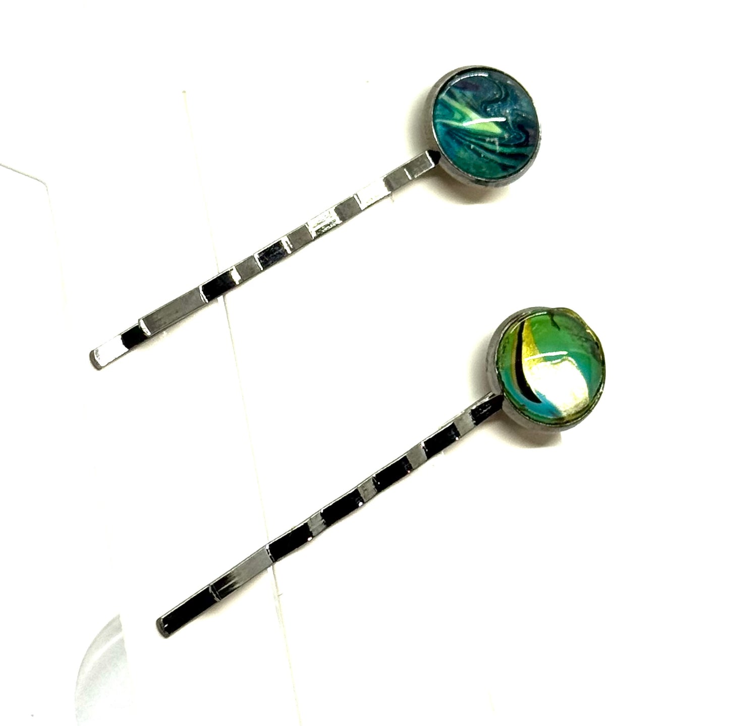 #5 Deep Ocean Chaos Bobby Pins – Teal & Emerald Swirl Set (2pc)