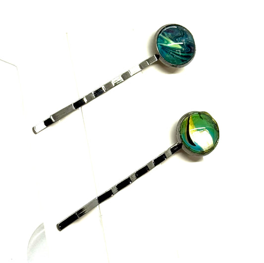 #5 Deep Ocean Chaos Bobby Pins – Teal & Emerald Swirl Set (2pc)