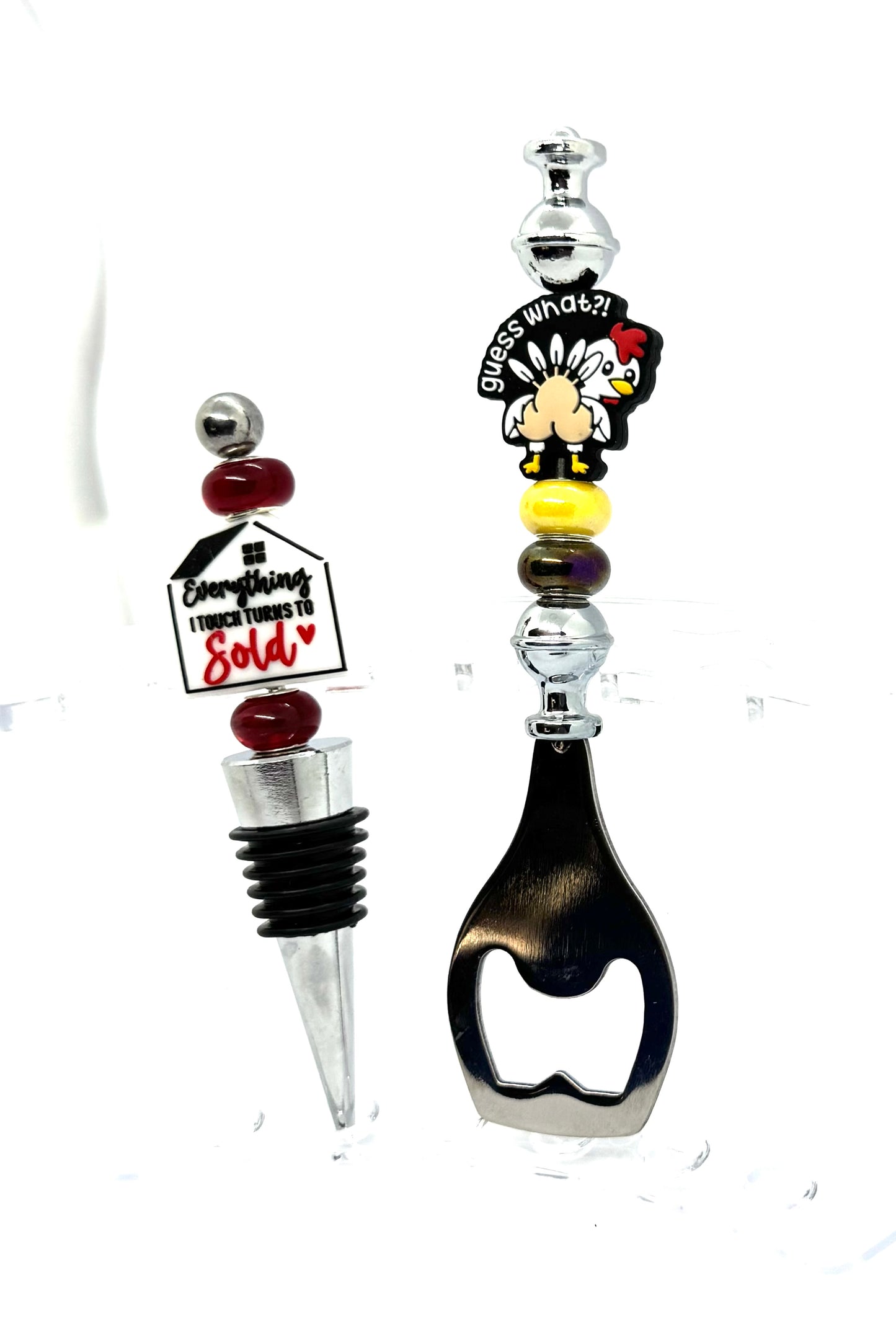 “Everything I Touch Turns to Sold” Realtor Wine Stopper & “Guess What?!” Chicken Bottle Opener Gift Set – Handmade FDSS Bar Accessory Duo