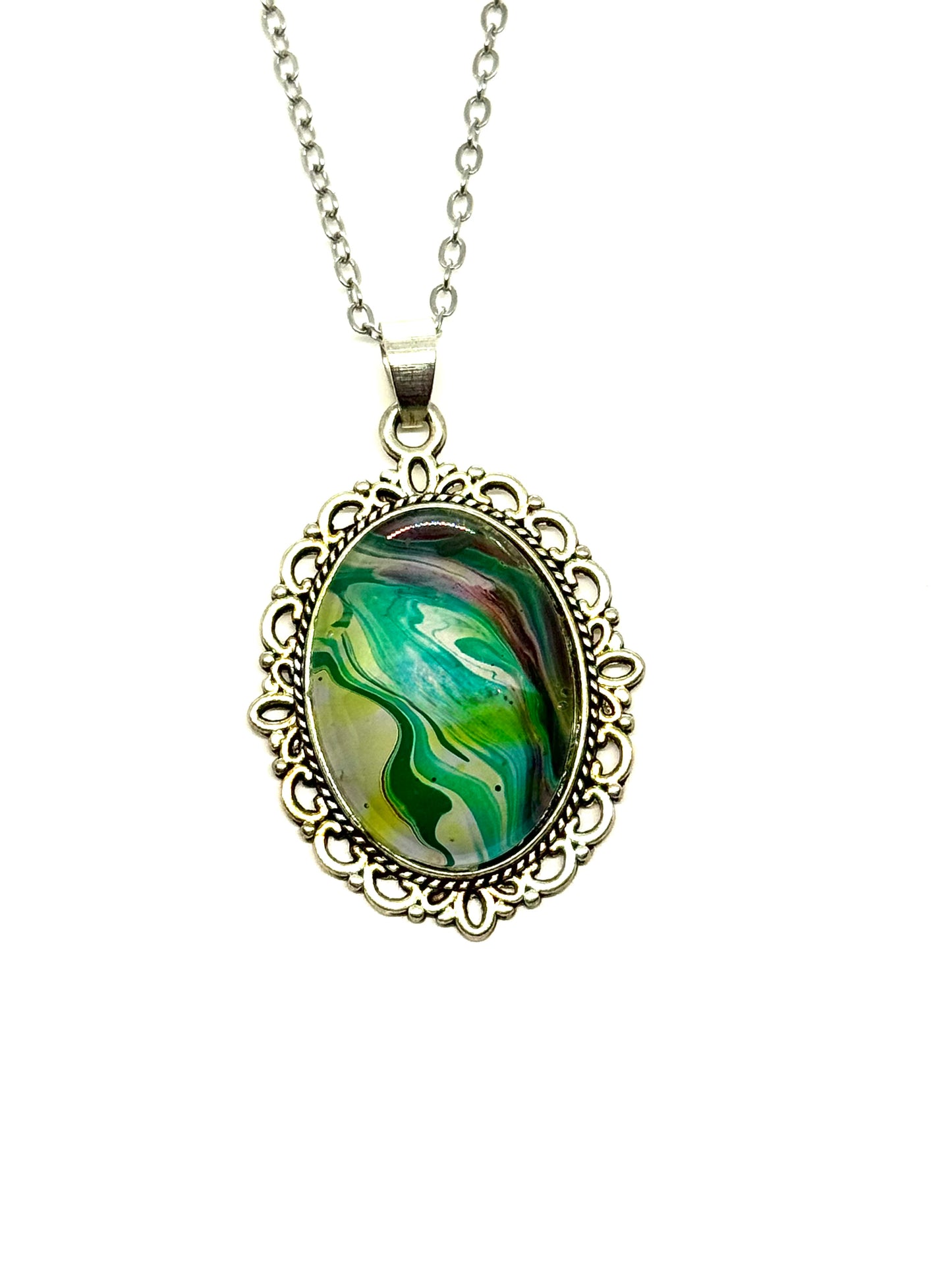 #21 Green Ghost Paint Pour Oval Pendant Necklace – Fluid Art Statement Jewelry