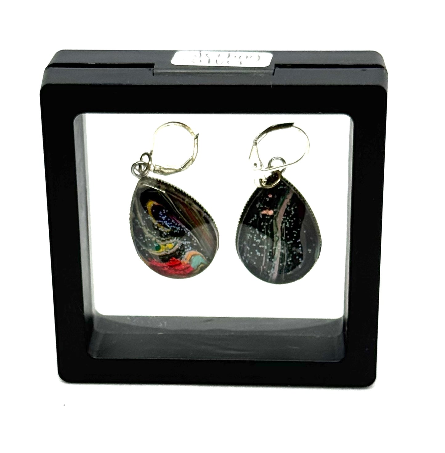 #7S Midnight Nebula Sterling Silver Glass Dome Teardrop Earrings
