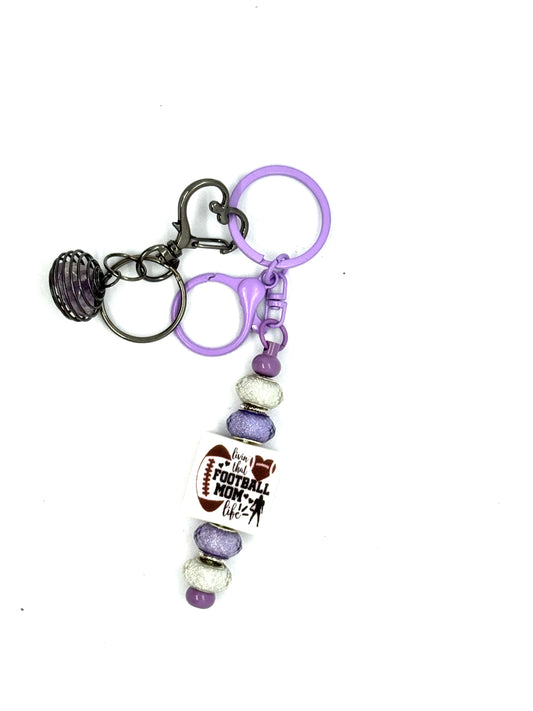 FDSS “Football Season Is My Personality” Football Mom Handmade Beaded Keychain with Purple Crystal Cage Charm