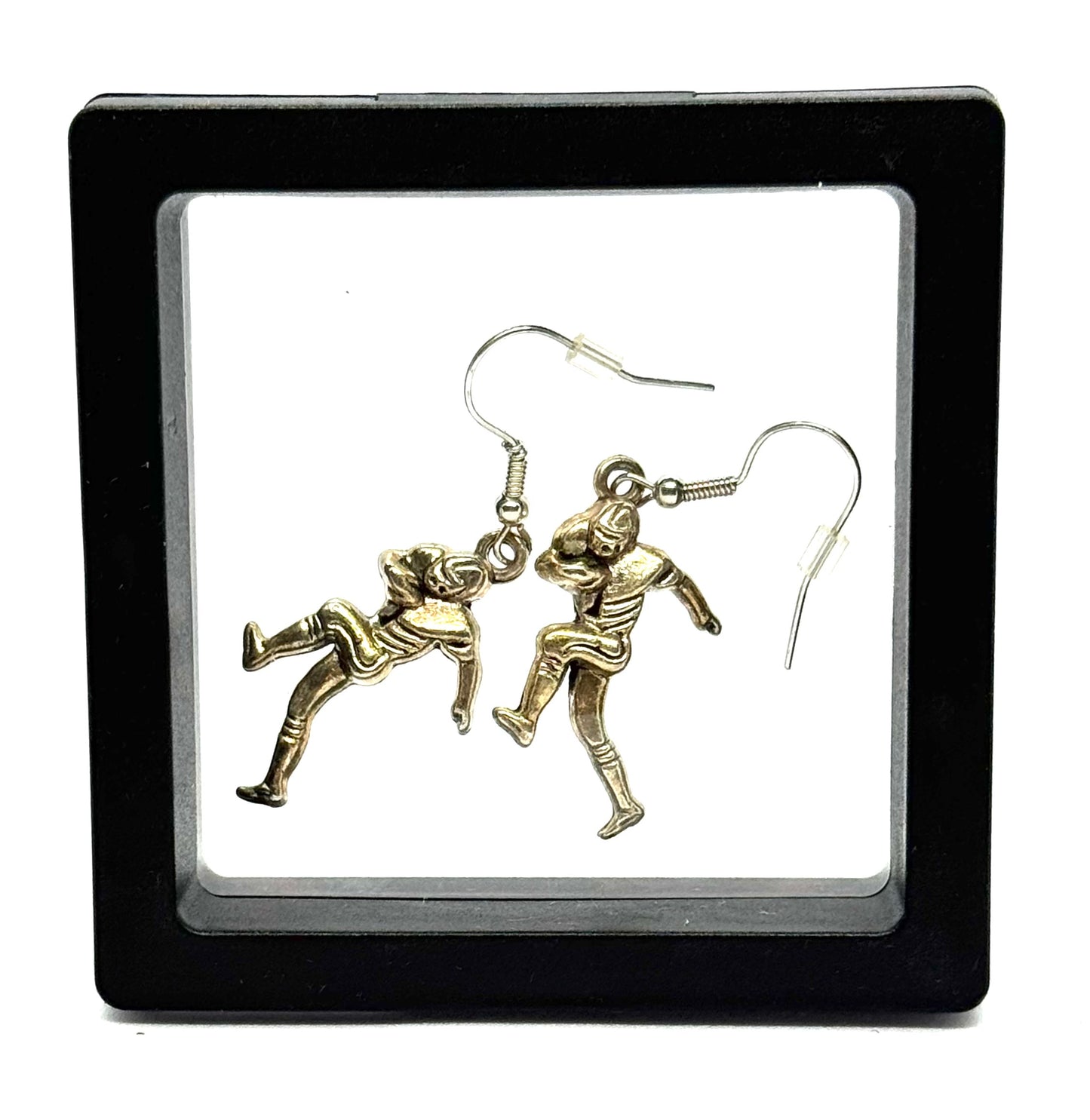 #42 Fourth & Dysfunctional Earrings – Silver Football Player Dangle Earrings
