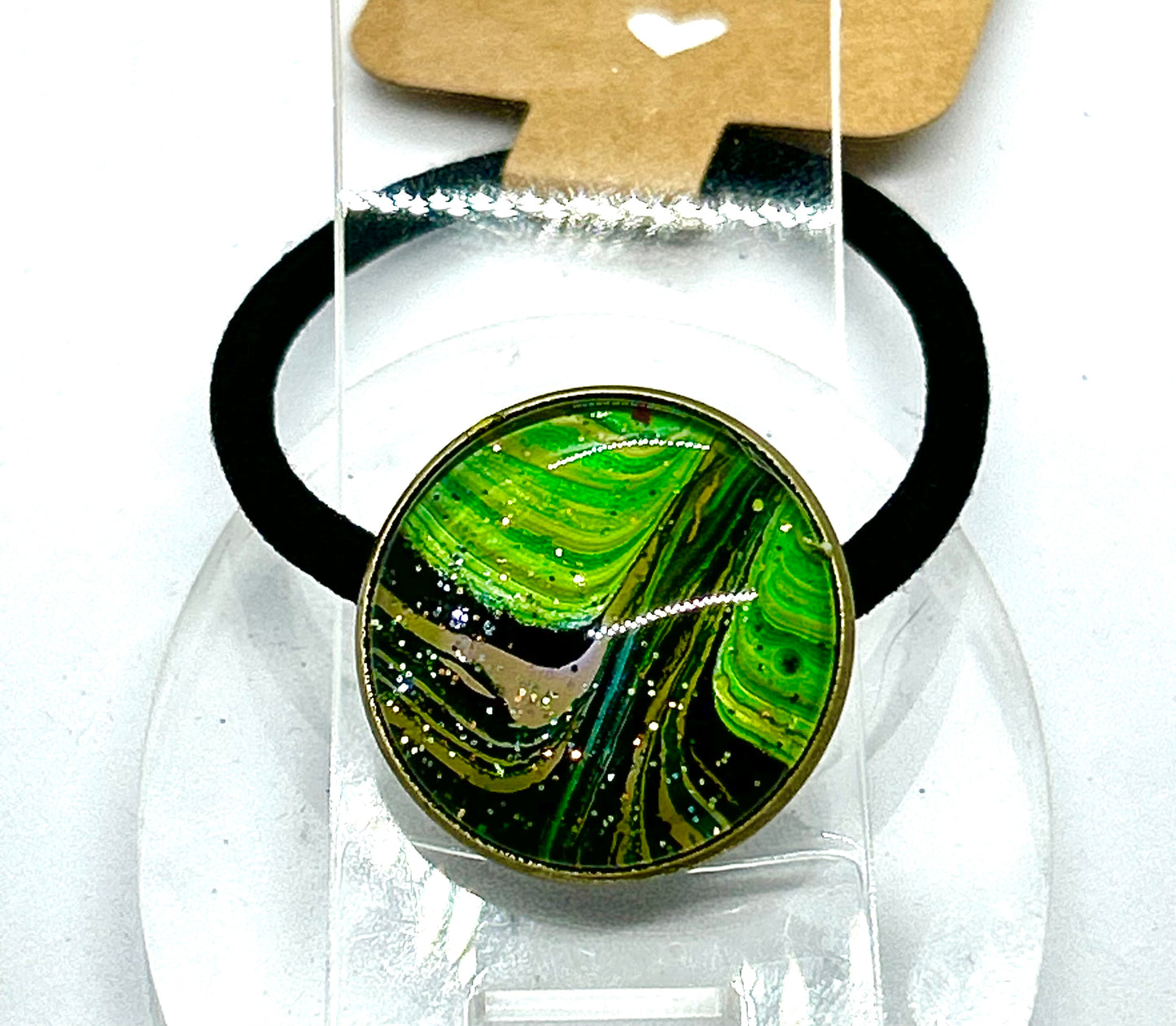 #4 Glass Dome Paint Pour Hair Tie – Green, Blue & Yellow Glitter