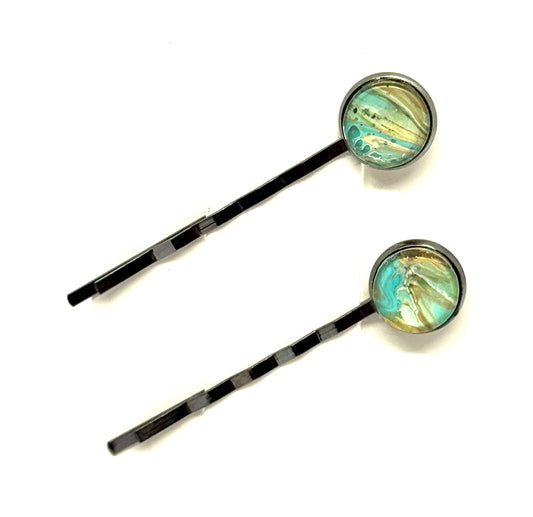 The “Mermaid on Paid Time Off” Bobby Pin Set – Handmade Aqua & Gold Swirl Hair Pins (Set of 2)