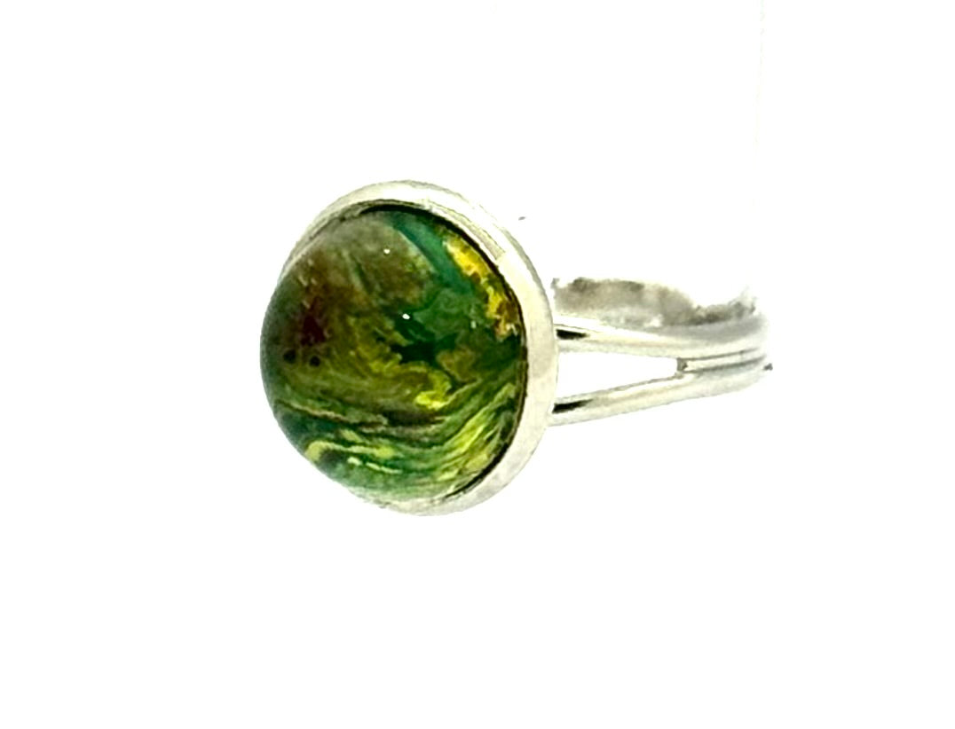 #8 Enchanted Forest Glass Dome Ring – Green & Gold Swirl Adjustable Ring