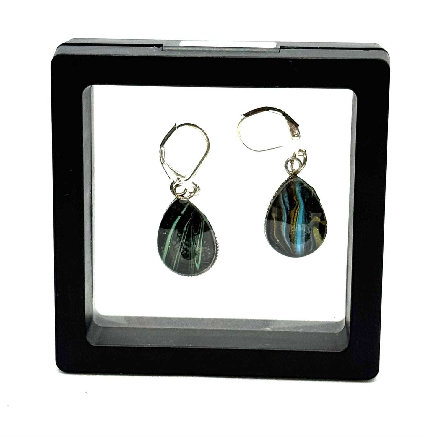#4S Ocean After Midnight Sterling Silver Teardrop Earrings – Handmade Paint Pour Glass Domes