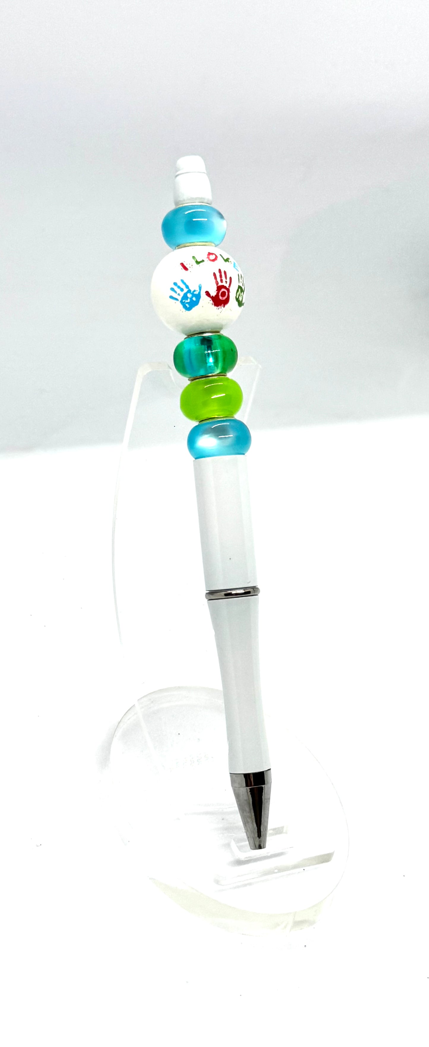 White “I Love Mom” Beaded Pen