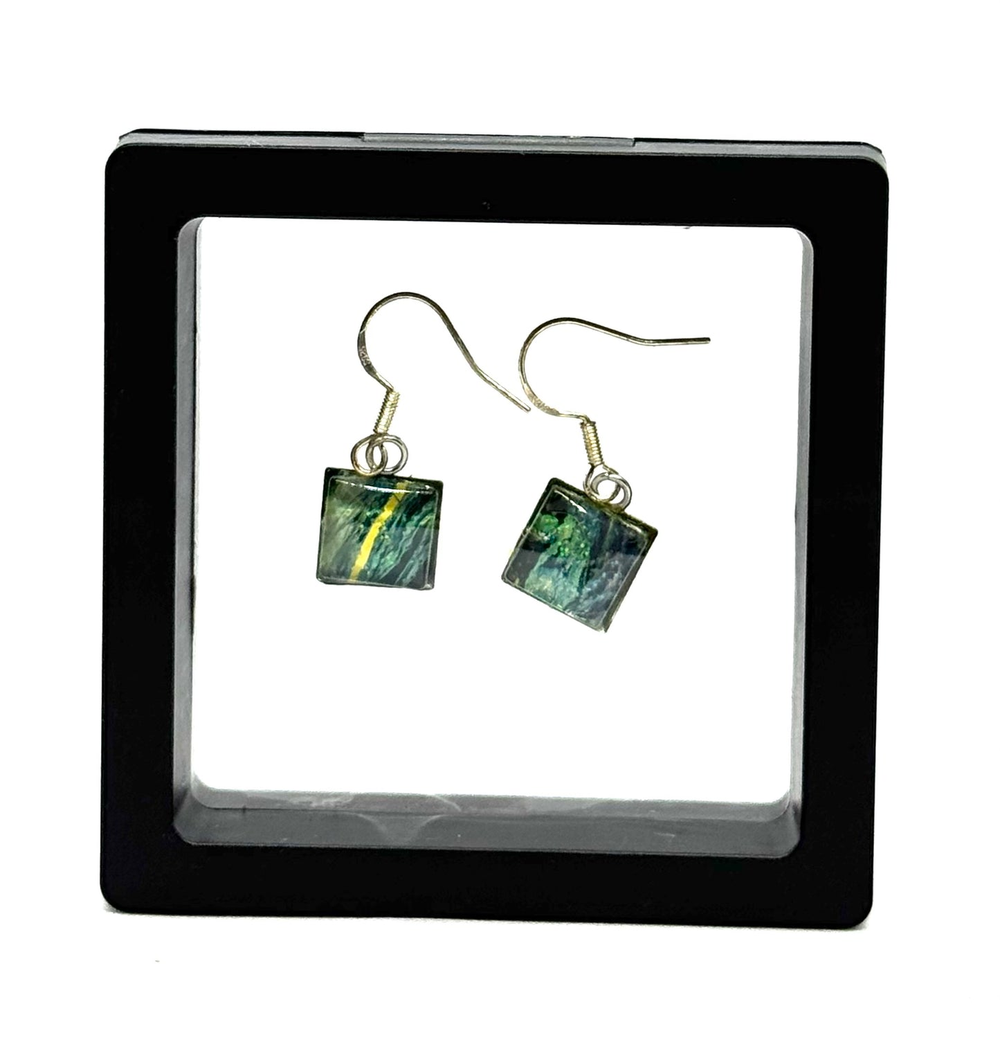 #10S Emerald Current Sterling Silver Square Glass Dome Earrings