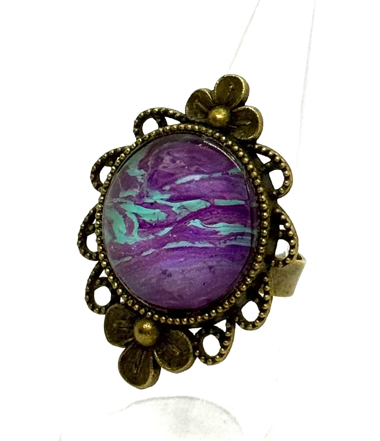 #14 Galactic Chaos Glass Dome Statement Ring – Purple Teal Swirl Vintage Ornate Adjustable Ring