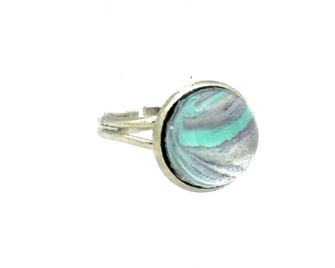 #7 Sea Glass Mirage Glass Dome Ring – Aqua & Silver Swirl Statement Ring