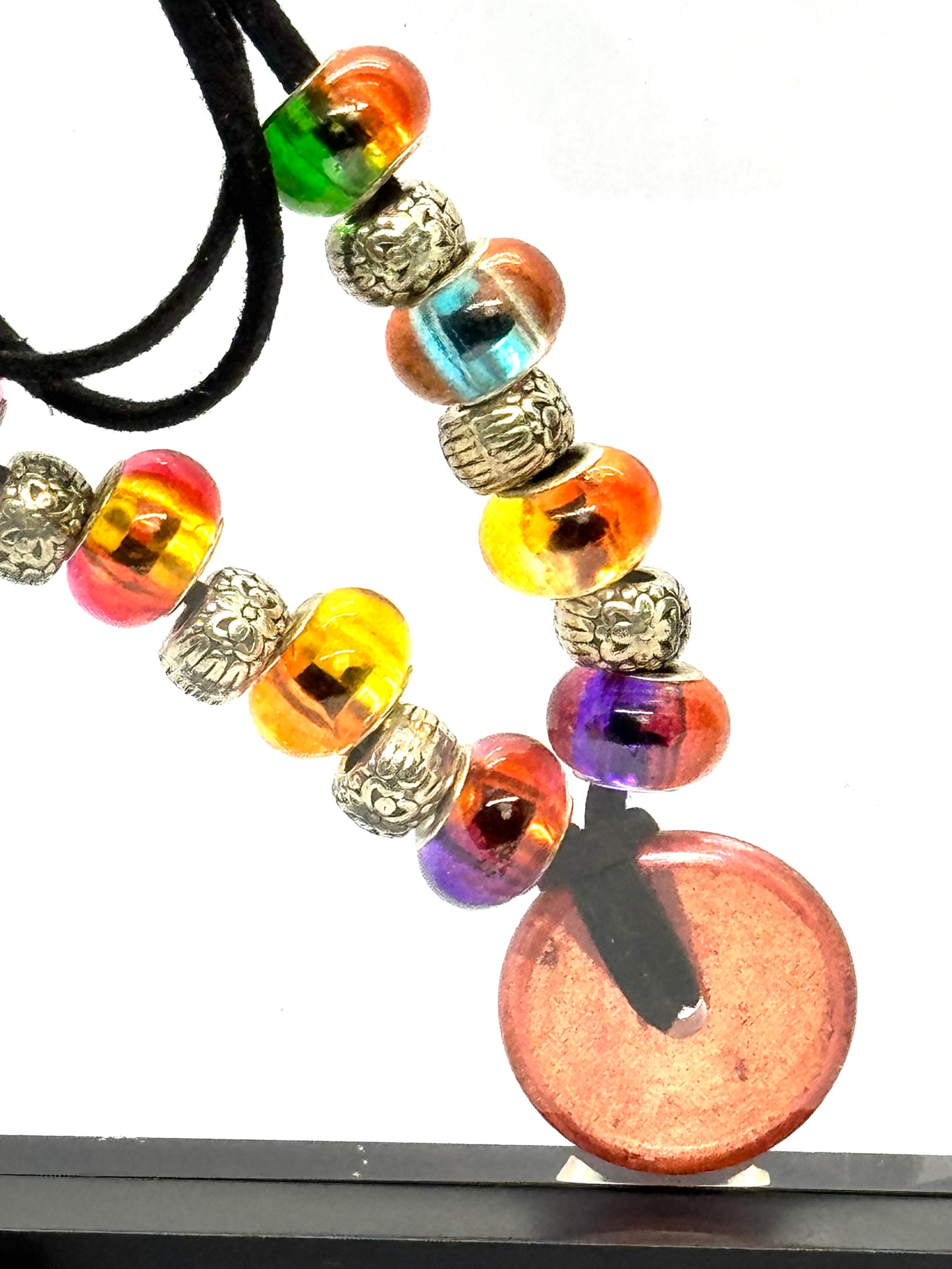 Rainbow Chaos Beaded Necklace | 28” Black Cord Necklace | Iridescent Glass Beads + Resin Pendant | Handmade Statement Piece