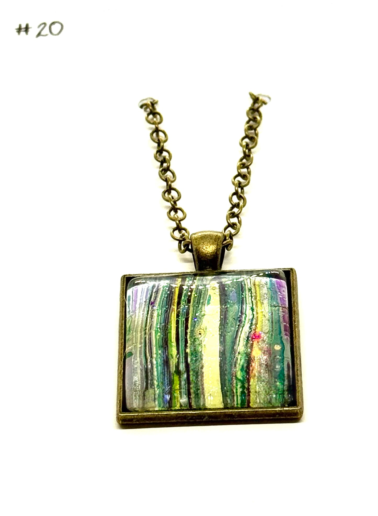 #20 Sunshine Gone Wrong – Blue, Yellow & Pink Foil Square Paint Pour Necklace | FDSS Original