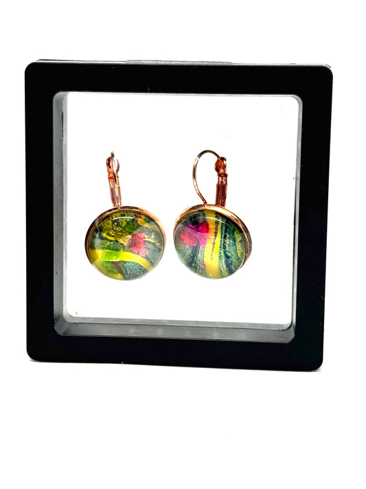 #31 Electric Garden Glass Dome Earrings – Paint Pour Art Earrings in Rose Gold
