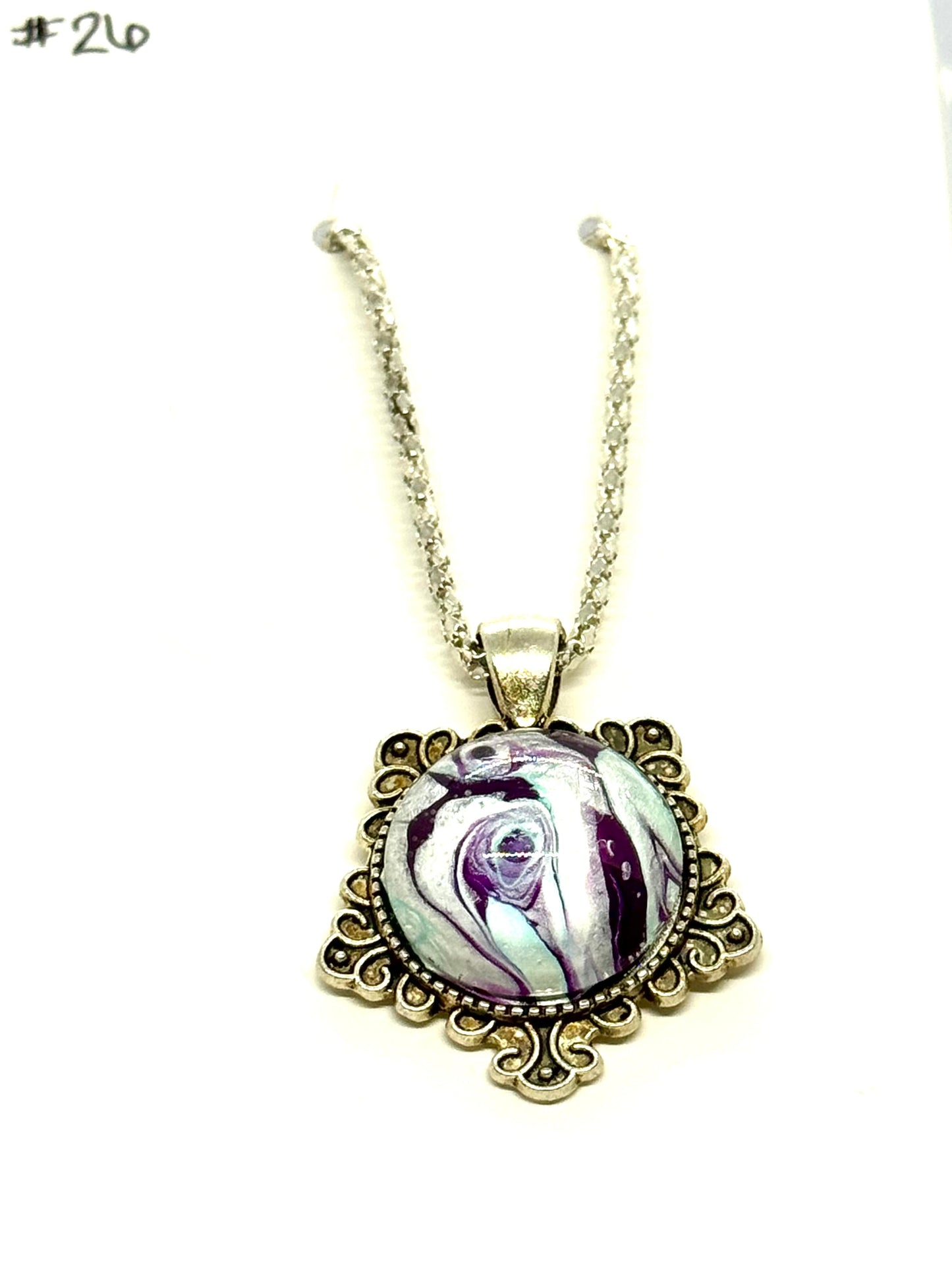 #26 Spiral Delusion – Purple & Silver Paint Pour Pendant | FDSS Original