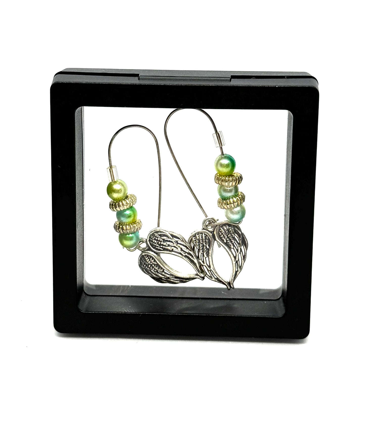 #26 👼 Heaven’s Customer Service Department – Green Pearl Beaded Angel Wing Dangle Earrings