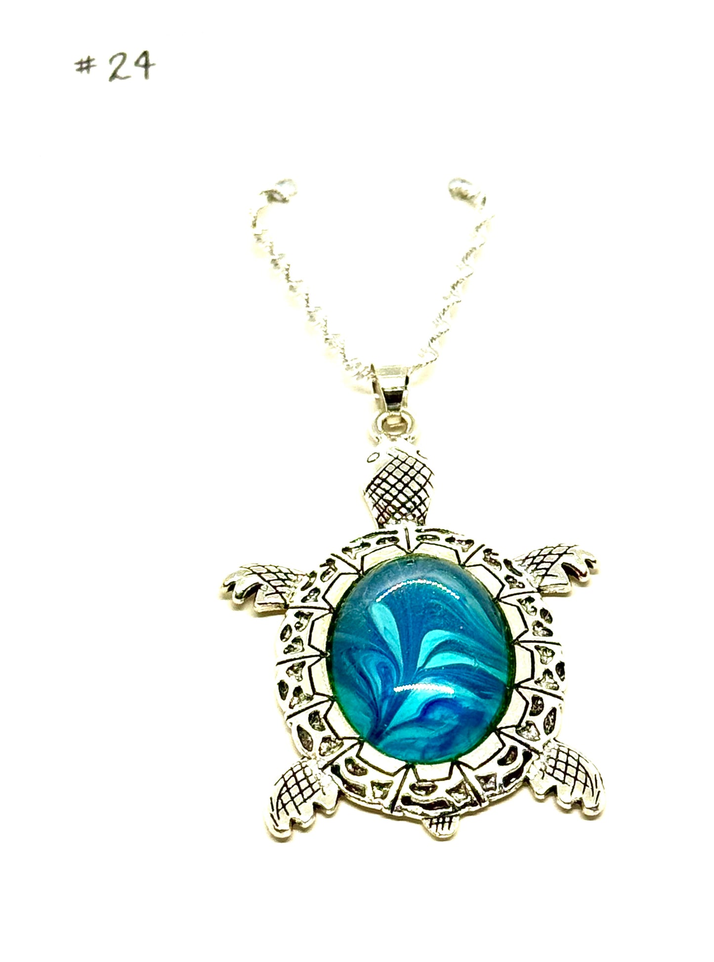 #24 Emotionally Unavailable Sea Turtle – Blue Swirl Paint Pour Turtle Necklace | FDSS Original