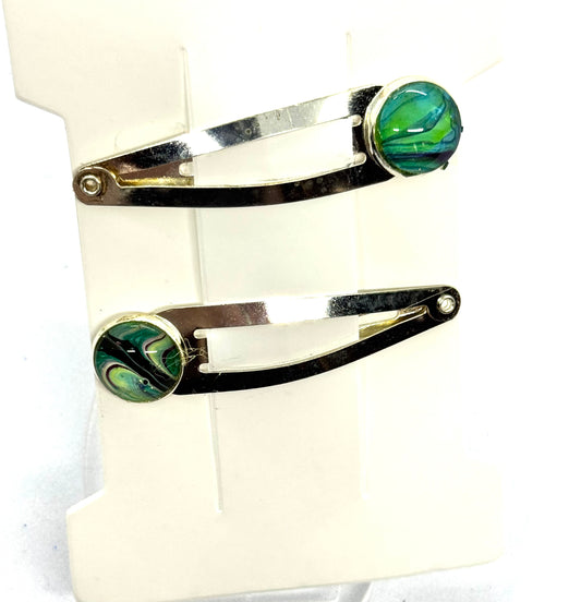 #3 Green Control Issues Snap Clips – Silver Tone Resin Hair Clips (2pc Set)