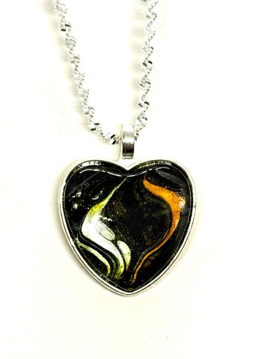#19 Toxic Sweetheart – Black, Orange & White Paint Pour Heart Necklace | FDSS Original