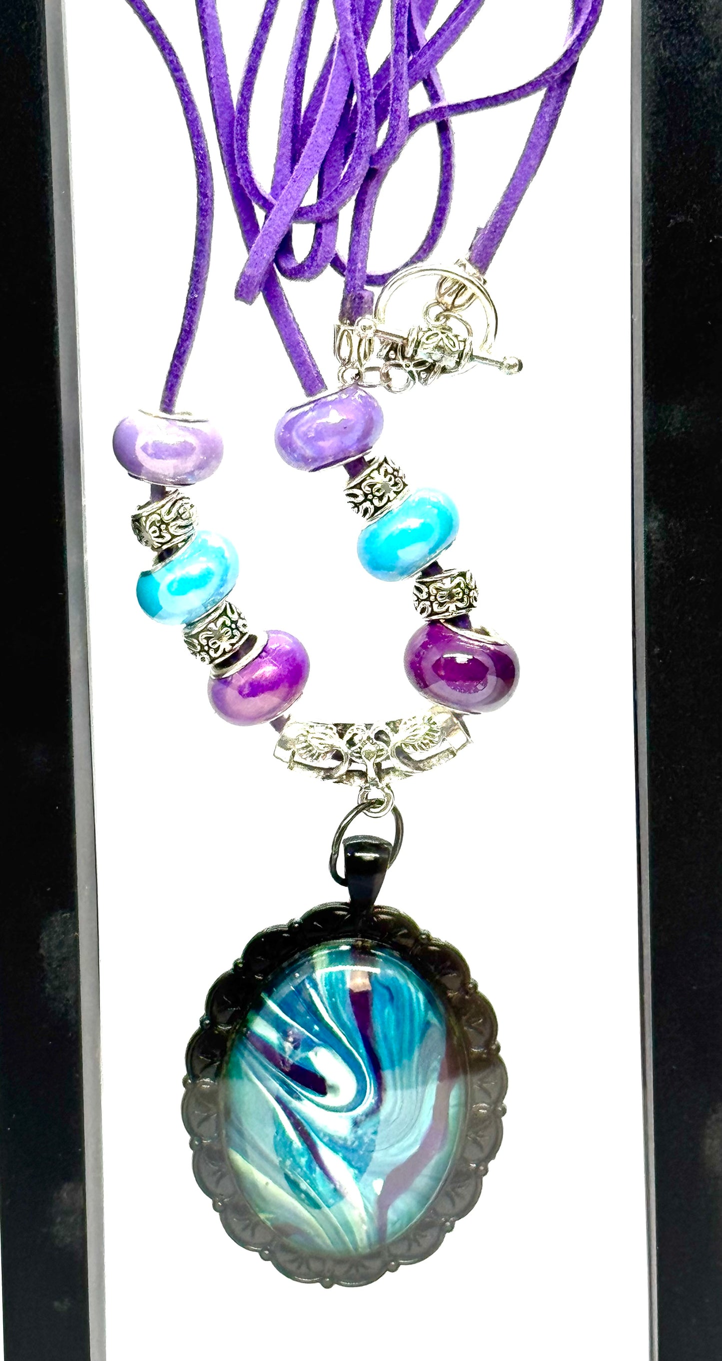 Cosmic Chaos Pendant Necklace | Teal & Purple Swirl | 38” Cord | Statement Piece