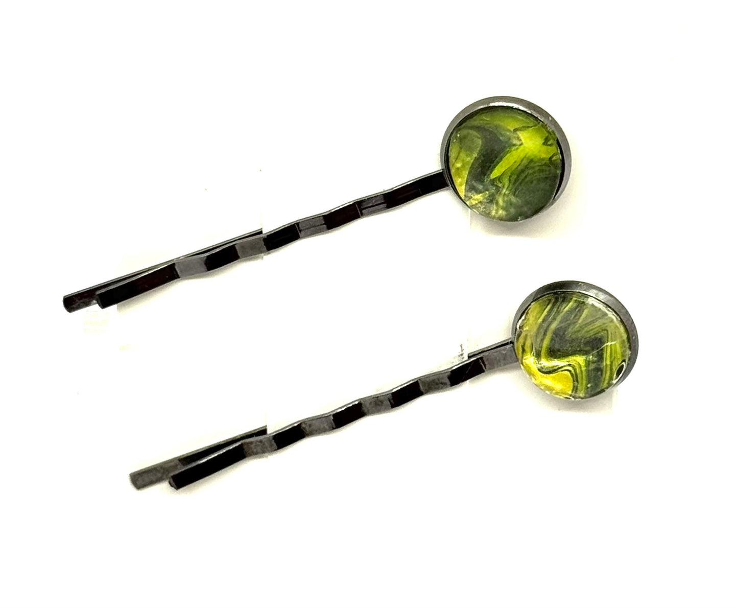 The “Lime Light, Zero Chill” Bobby Pin Set – Handmade Green Swirl Hair Pins (Set of 2)
