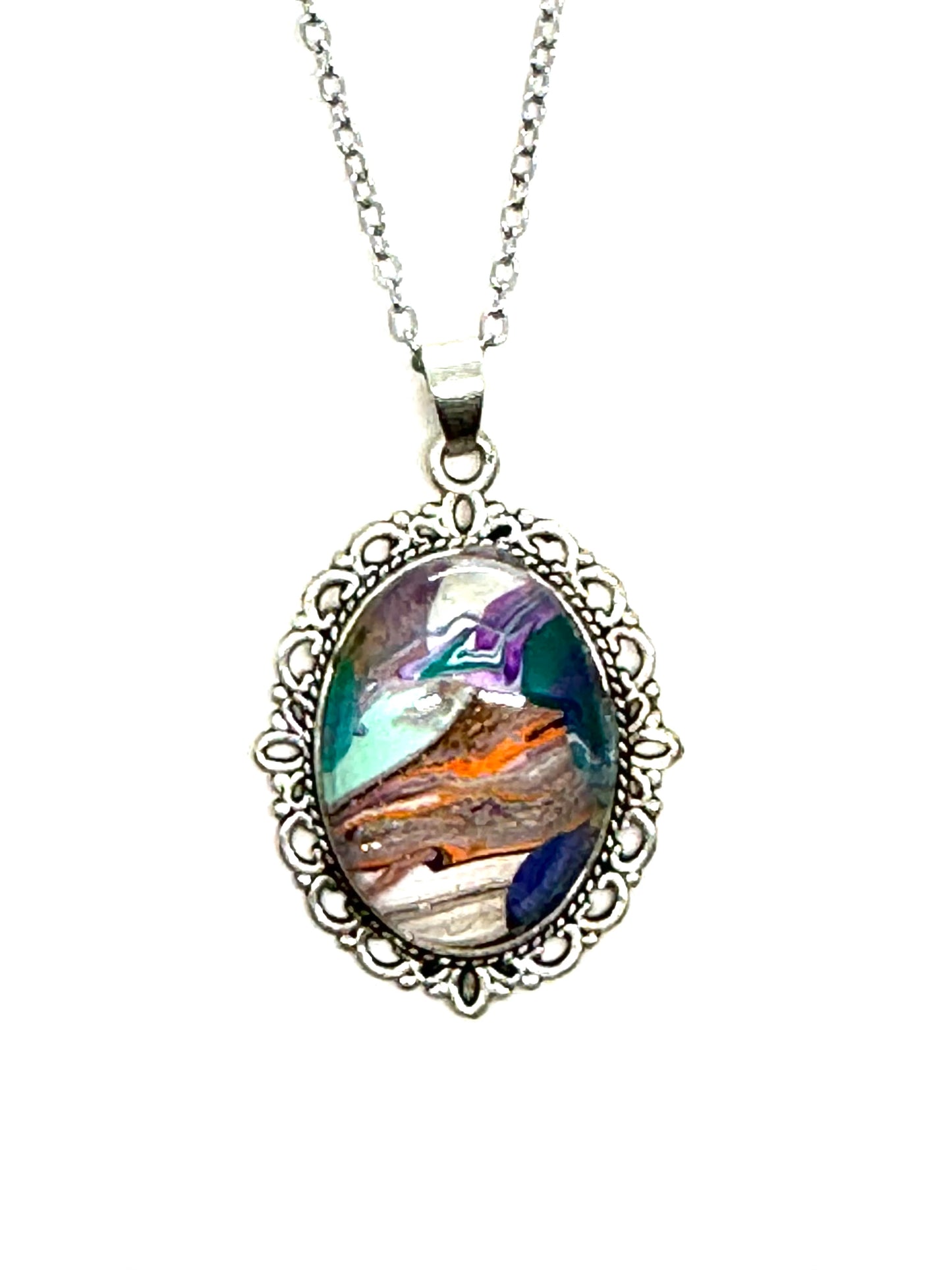 #27 Tectonic Mood Swing – Abstract Paint Pour Oval Pendant Necklace | One-of-a-Kind Chaos Jewelry