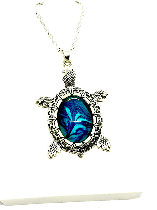 #24 Emotionally Unavailable Sea Turtle – Blue Swirl Paint Pour Turtle Necklace | FDSS Original