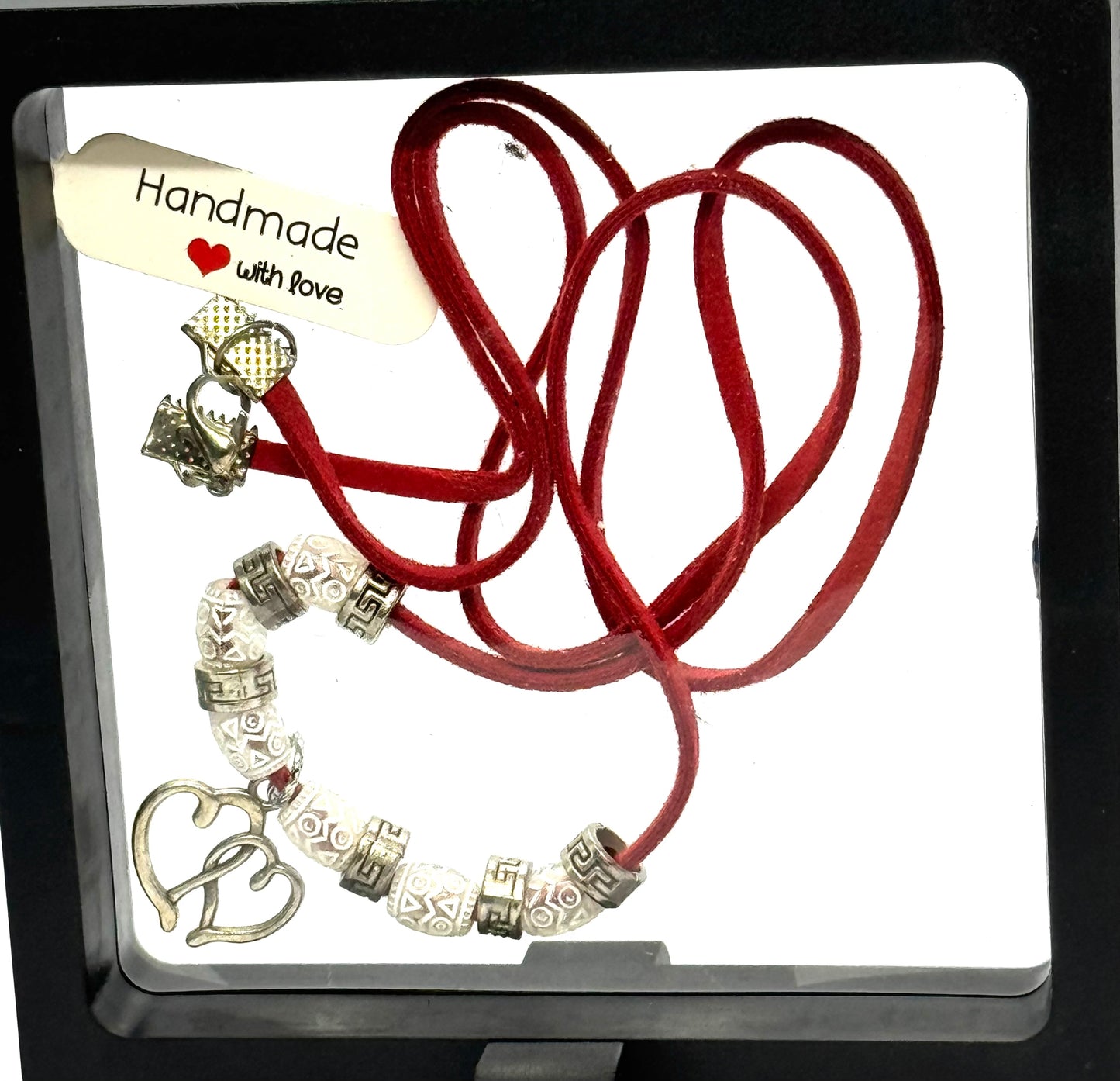 Red Leather Heart Necklace | Beaded Charm Necklace | 28” Cord | Lobster Claw Clasp | Handmade Statement Jewelry