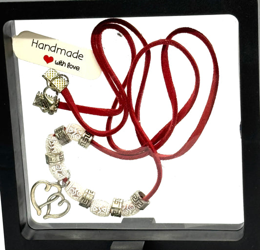 Red Leather Heart Necklace | Beaded Charm Necklace | 28” Cord | Lobster Claw Clasp | Handmade Statement Jewelry