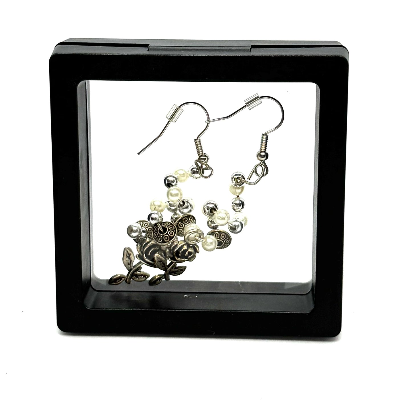 #29 Pearls Before Meltdowns Rose Earrings – Silver Tone Floral Dangles