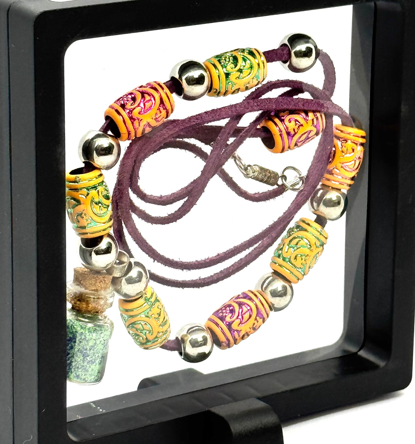 Purple Leather Potion Necklace | 32” Cord | Beaded Statement Necklace | Glass Vial Charm | Screw Clasp | Handmade Chaos Jewelry