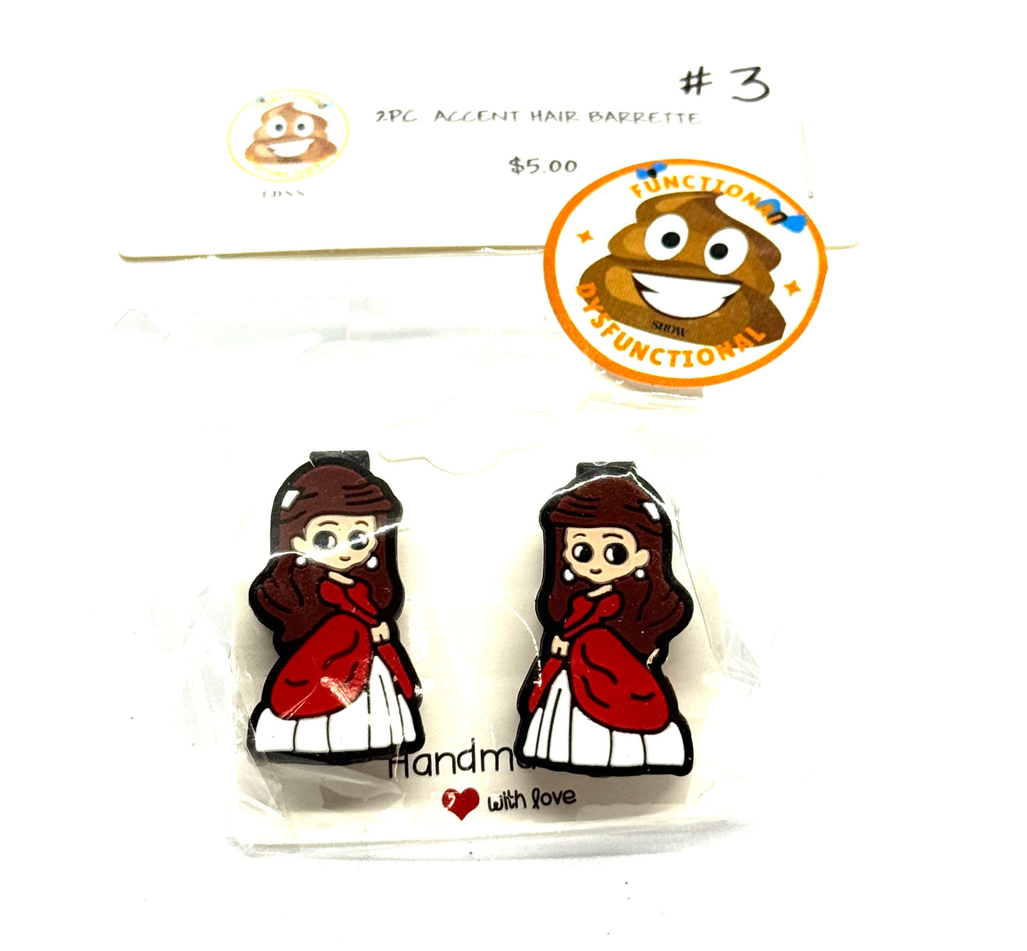 #3 Soft Drama Barrettes – Dark Hair Red Outfit Character Clips (2pc Set)