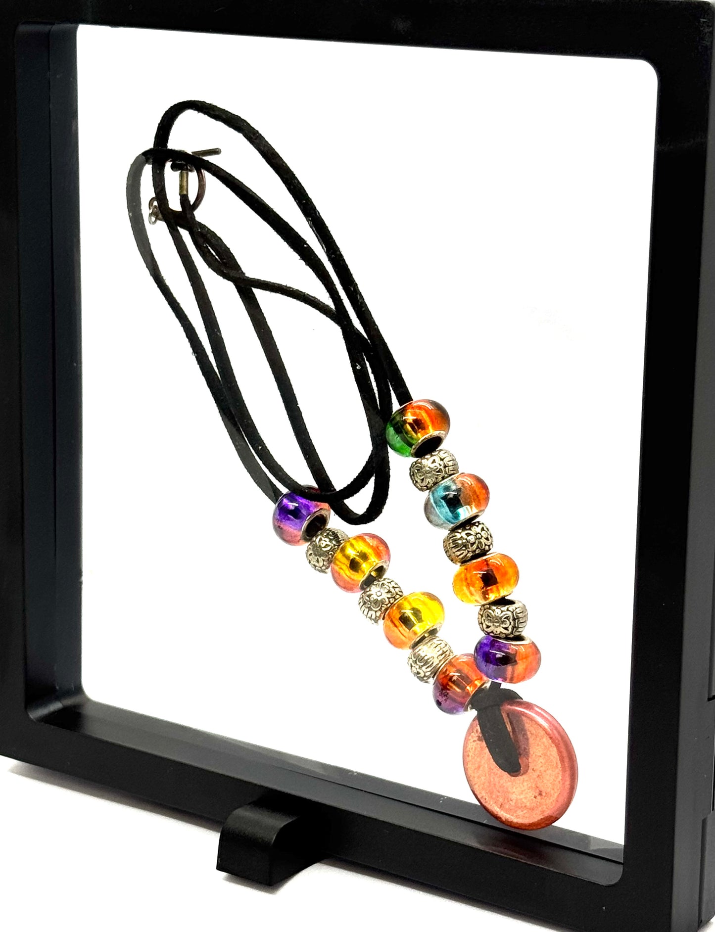 Rainbow Chaos Beaded Necklace | 28” Black Cord Necklace | Iridescent Glass Beads + Resin Pendant | Handmade Statement Piece