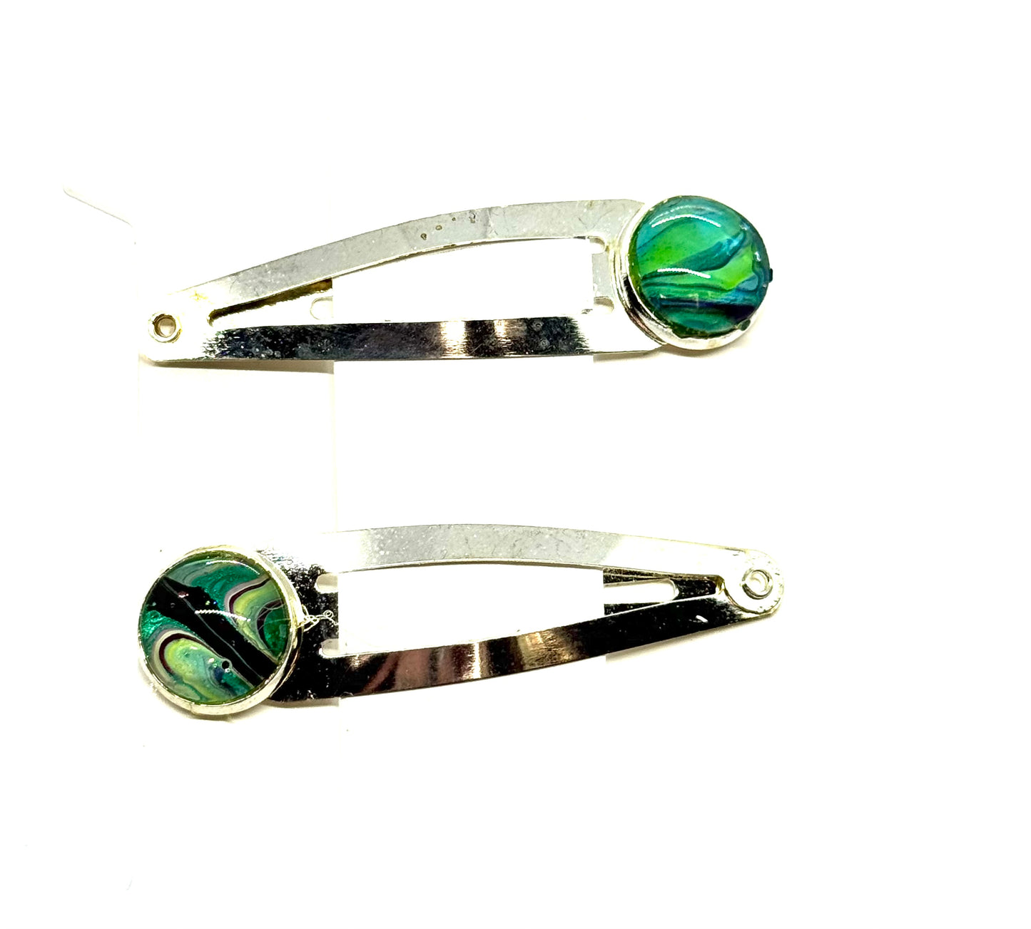 #3 Green Control Issues Snap Clips – Silver Tone Resin Hair Clips (2pc Set)
