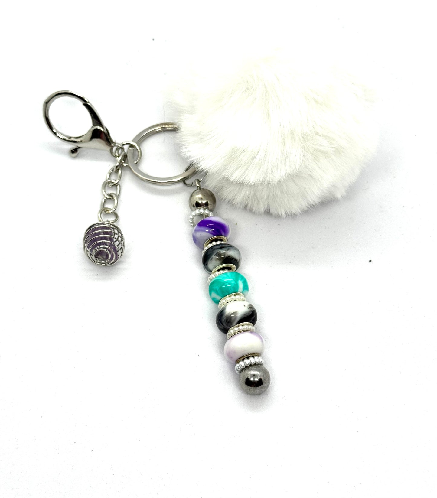 FDSS “Calm Chaos” White Pom Pom Beaded Keychain with Amethyst Charm