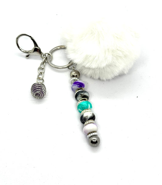 FDSS “Calm Chaos” White Pom Pom Beaded Keychain with Amethyst Charm
